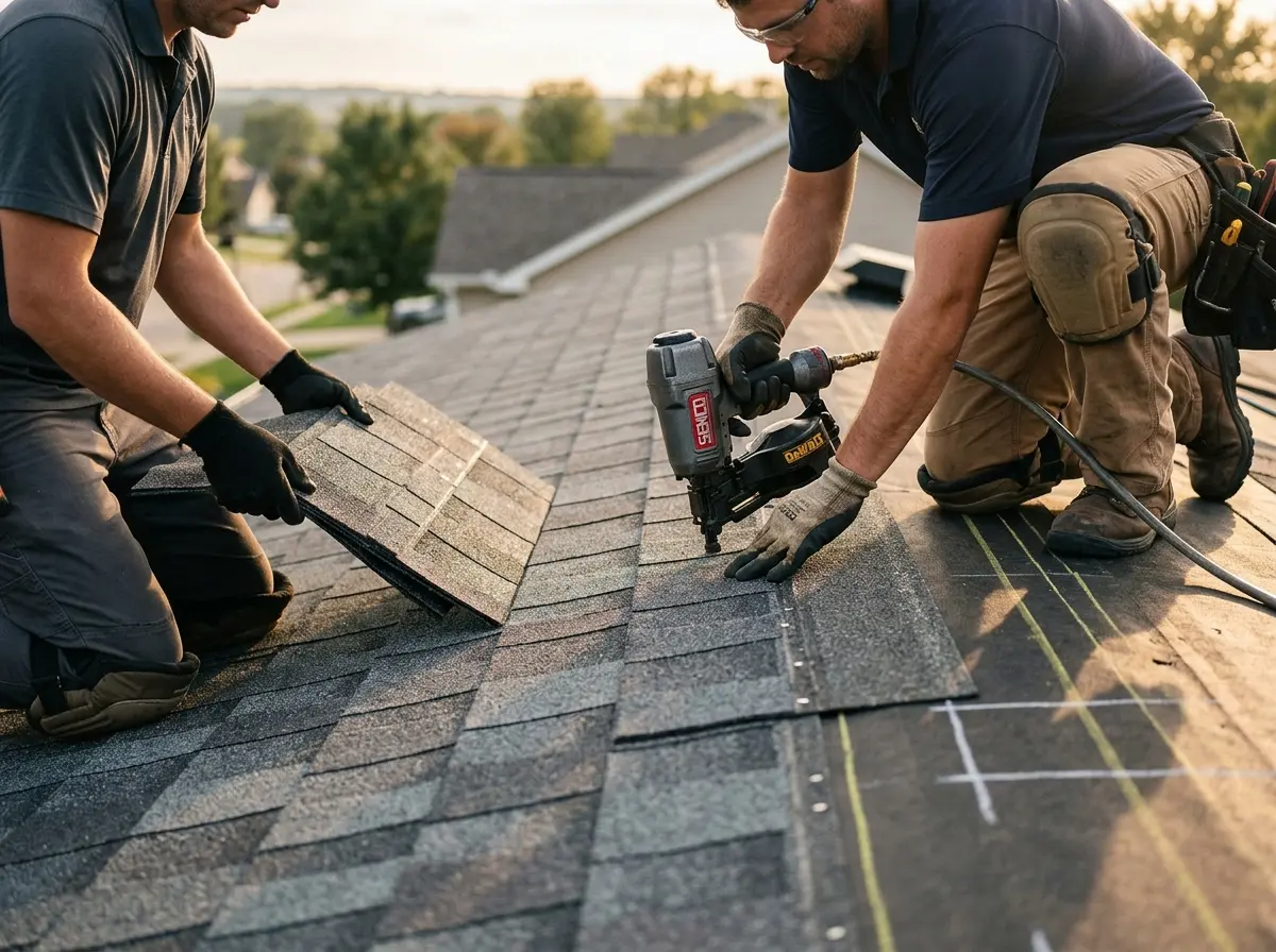 Professional roofer working on a residential roof in Genoa